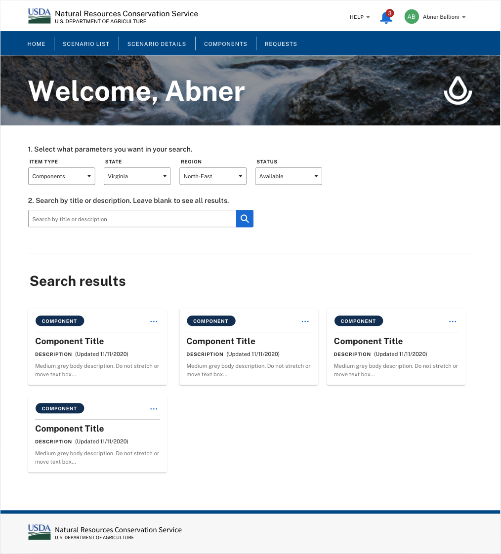 screenshot of the design for the USDA NRCS Farmers Platform home screen