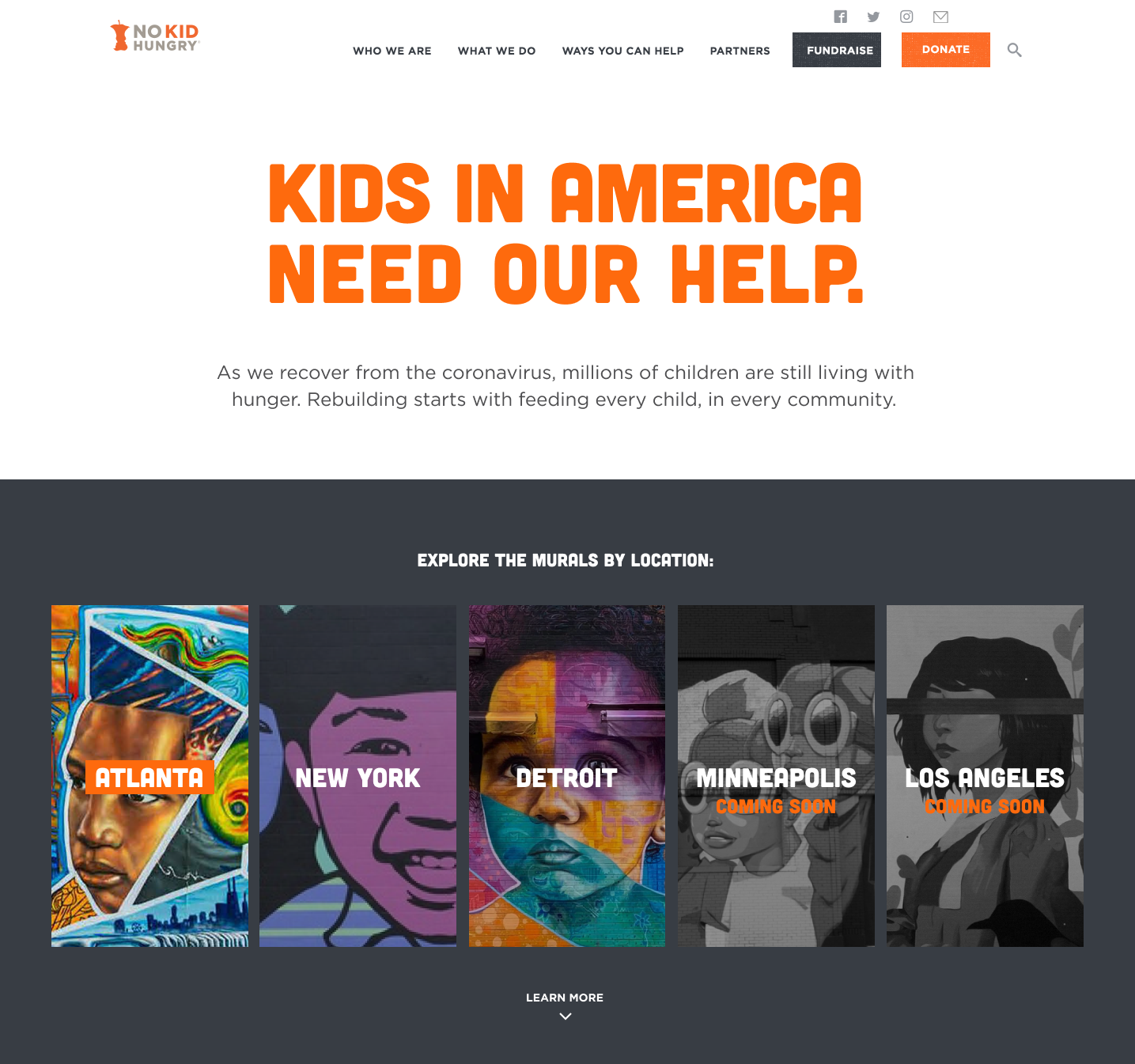 screenshot of No Kid Hungry Fundraising Landing Page